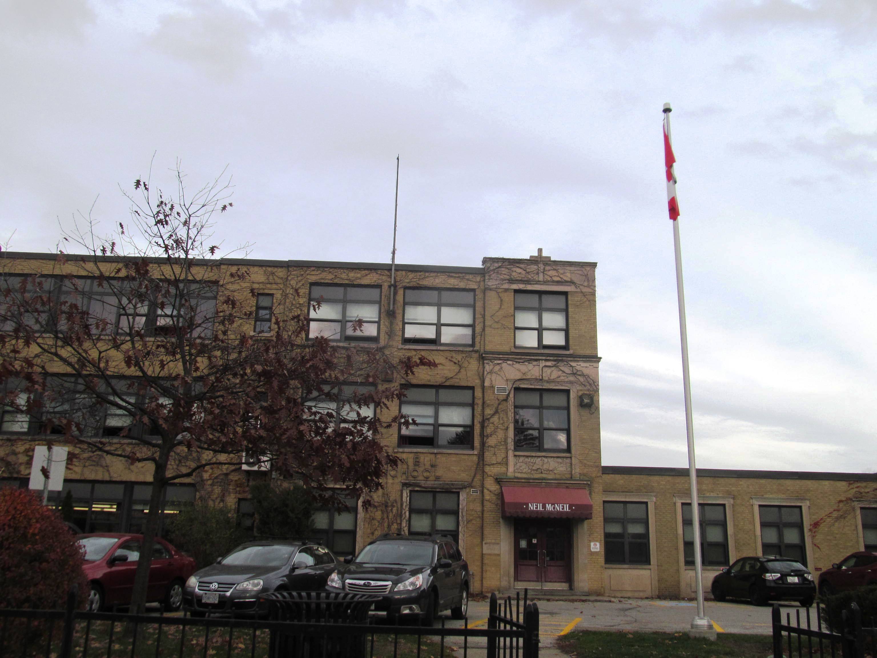 Archival exterior of Neil McNeil High School