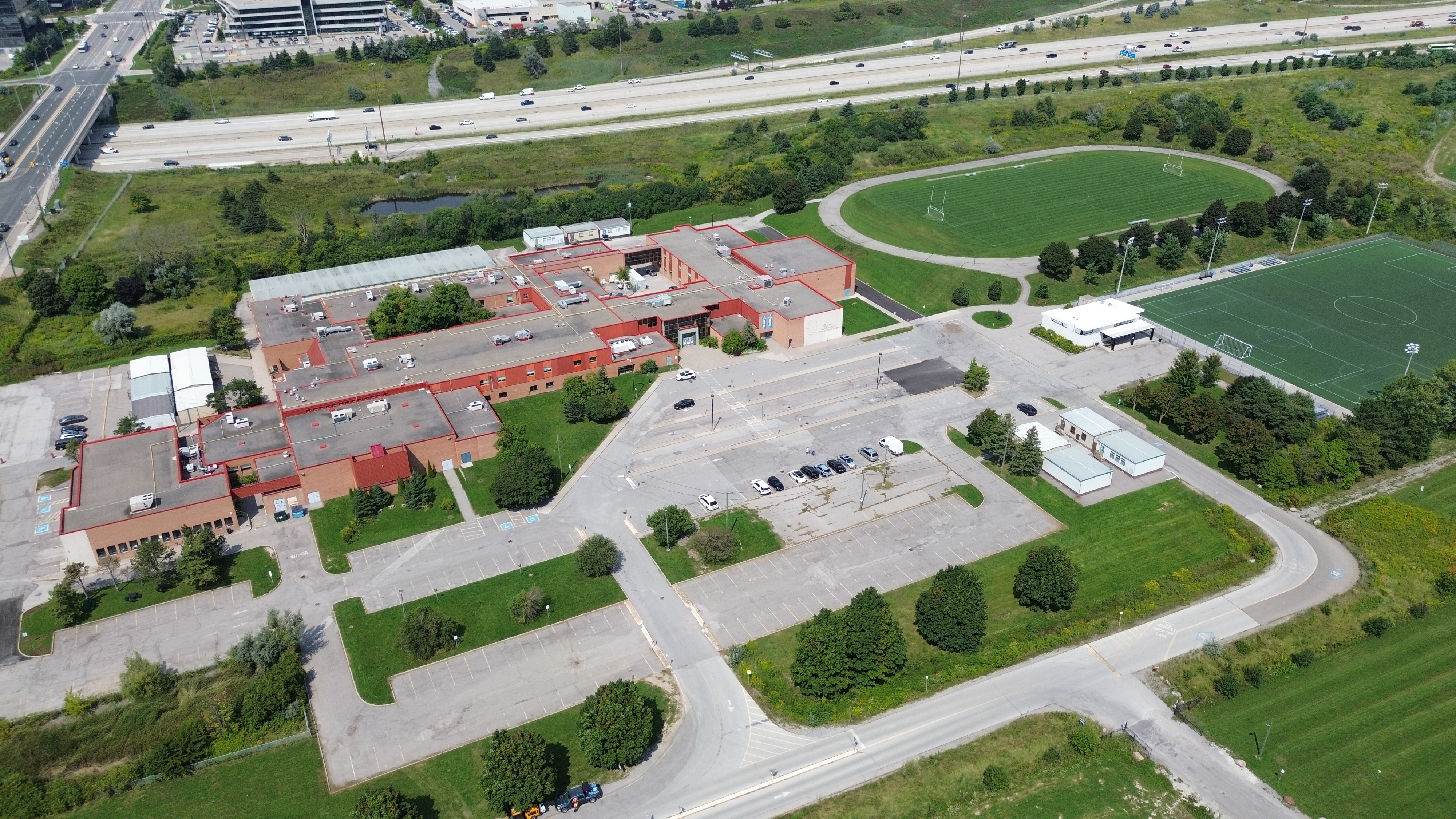 St. Robert Catholic High School campus in Markham, photographed from above in August 2024