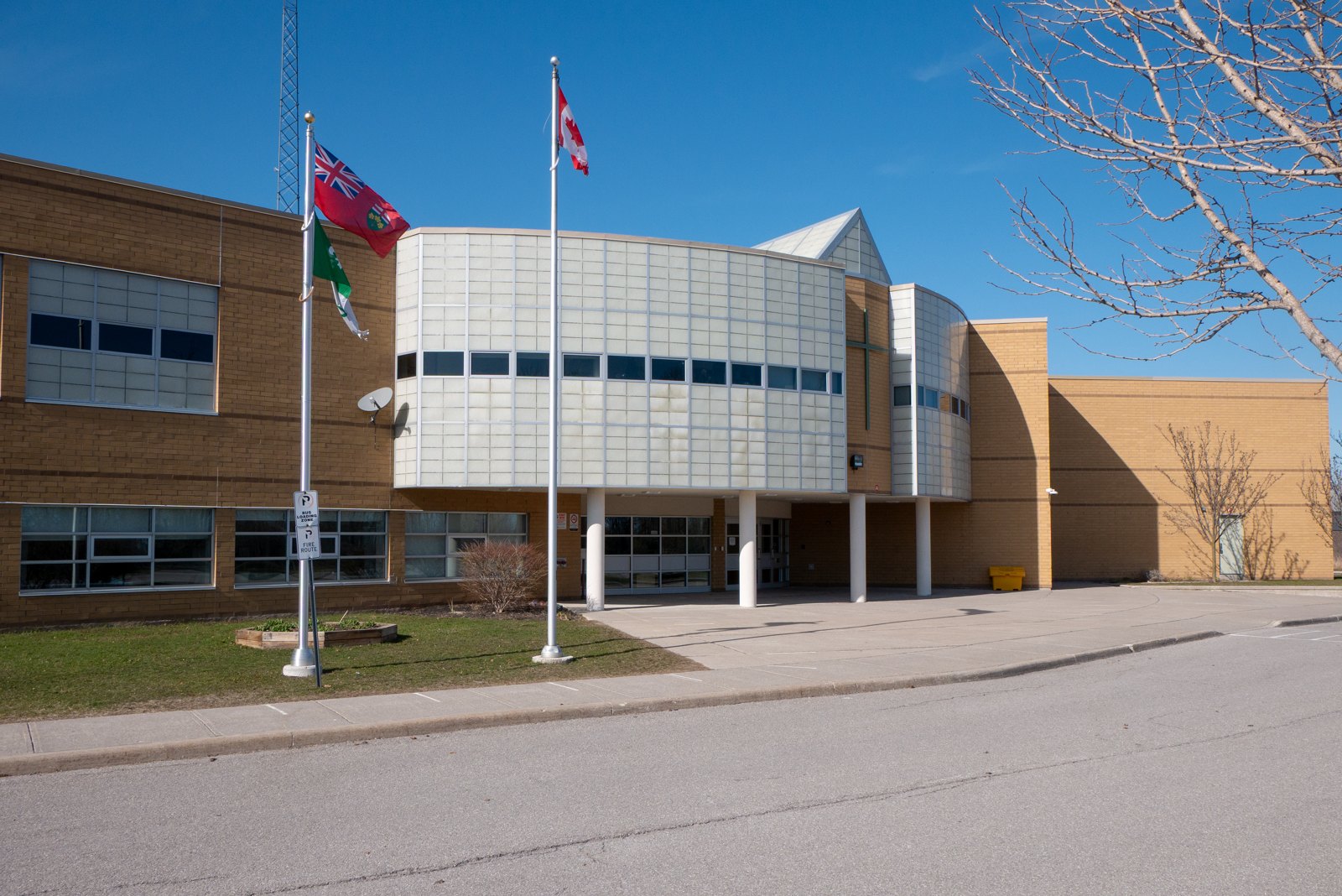 Holy Trinity Catholic Secondary School exterior in Courtice, photographed April 13, 2025